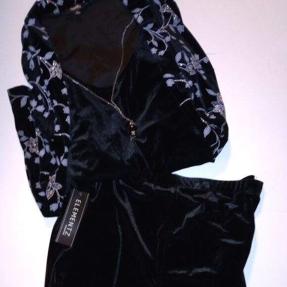 🆕🤵🏽Elementz 2 Piece Black Velour Pants Set With Silver Flowers - Picture 2 of 7